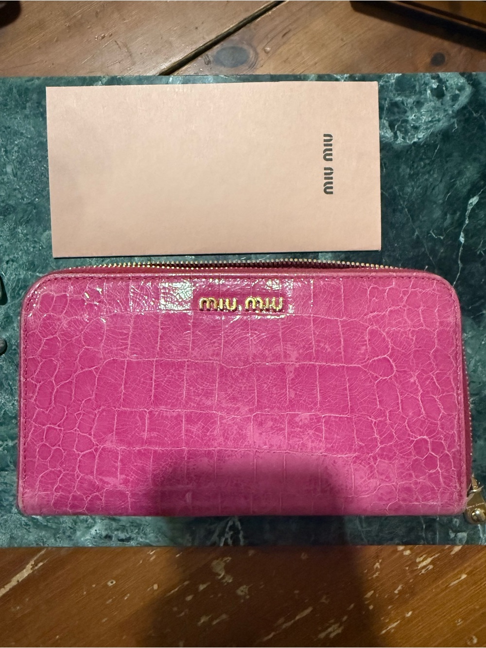 Miu Miu Hot Pink Croc-Embossed Zip Around Wallet with Gold Logo